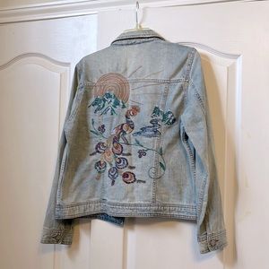 Aeropostale denim jacket with multi colored embroidered peacock
